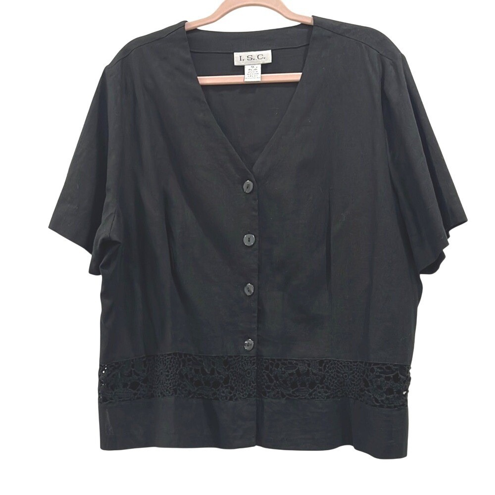 I.S.C. LINEN‎ BLEND CROCHET LACE DETAIL Black short Sleeve Button-Up Top XL